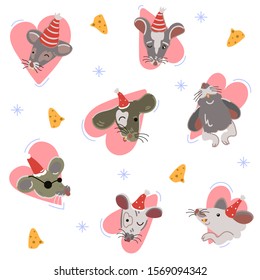 Chinese New Year 2020 Symbol The Rat. Vector Flat Illustration Cartoon Funny Rats In Red Hats With Different Emotions Isolated On White Background