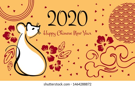 Chinese New Year 2020 template. The Year of the Mouse or Rat. Vector outline hand drawn brush illustration with sitting mouse, greeting and decorative flowers. White and red on golden background