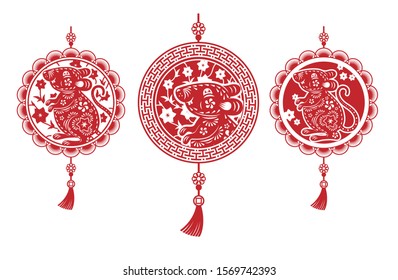 Chinese New Year 2020. Three red Chinese amulets decorated with ornaments and a symbol of the coming year - a rat on a white background. Highly realistic illustration.
