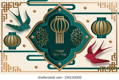 Chinese New Year 2020 traditional red greeting card illustration with traditional asian decoration and flowers in red layered paper. Translation : Happy New Year. Vector illustration