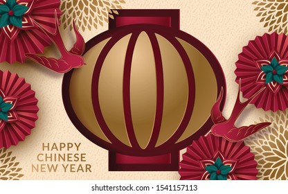 Chinese New Year 2020 traditional red greeting card illustration with traditional asian decoration and flowers in red layered paper. Translation : Happy New Year. Vector illustration