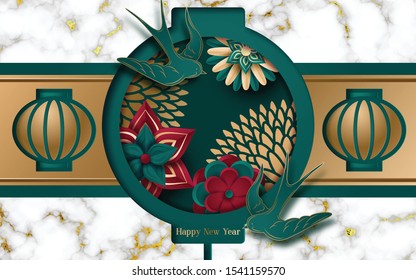 Chinese New Year 2020 traditional red and gold web banner illustration with asian flower decoration in 3d layered paper. Translation : Happy New Year. Vector illustration