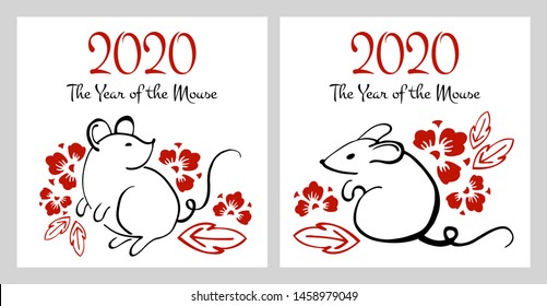 Chinese New Year 2020 two print templates. The Year of the Mouse or Rat. Vector outline hand drawn brush illustration with sitting mice and flowers. Black and red on white background