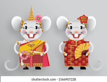 Chinese new year 2020 at Yaowarat road, Chinatown in Bangkok Thailand year of the rat character with craft style on background. (Chinese and thai translation : Happy chinese new year 2020)
