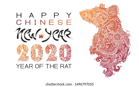 Chinese New Year 2020 - New Year of Zodiac Rat. Happy New Year card, pattern, art with rat, mouse. Paper Cutting Hand drawn Vector illustration. Chinese traditional Design, golden decoration. 