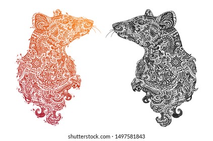 Chinese New Year 2020 - New Year of Zodiac Rat. Happy New Year card, pattern, art with rat, mouse. Paper Cutting Hand drawn Vector illustration. Chinese traditional Design, golden decoration. 