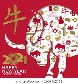 Chinese new year 2021 background. Chinese translation Happy chinese new year 2021, bull