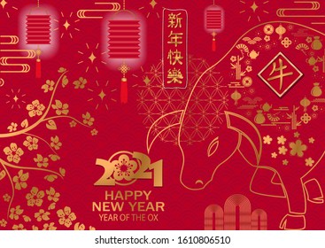 Chinese new year 2021 background. Chinese translation Happy chinese new year 2021, ox