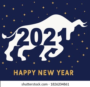 Chinese new year 2021 background. Abstract ox, bull, cow. Lunar horoscope sign.  Greeting card. Flat bull logo sign 2021 on a blue background with gold stars. Happy new year.