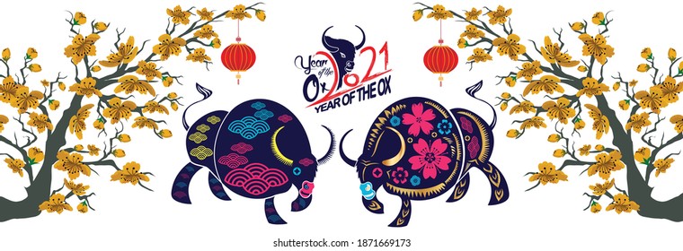 Chinese New Year 2021 banner. Year of Ox. Chinese zodiac symbol of 2021. Vector Design