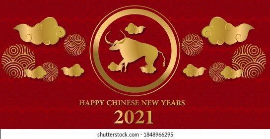 Chinese New Year 2021 year buffalo, golden buffalo characters, flowers and Asian elements in the background.