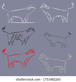 Chinese New Year 2021 year of the bull. Bulls in different styles. Veclor illustration.Use printed materials, signs, objects, websites, maps.