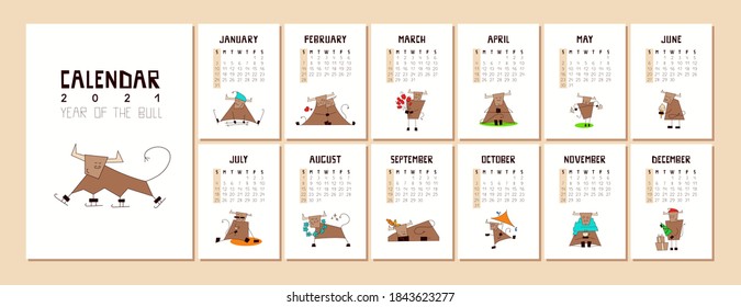 Chinesisches Neujahr 2021. Kalender, Planer mit einem süßen kawaii Stier einzeln auf weiß. A4-Format. Deckblatt und 12 monatliche Seiten mit Vektorgrafiken von Ox. Die Woche beginnt am Sonntag. Kreativ gezeichnete Schriftart