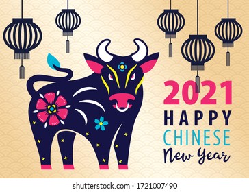 Chinese New Year 2021 card. Year of Ox. Chinese zodiac symbol of 2021. Vector Design.