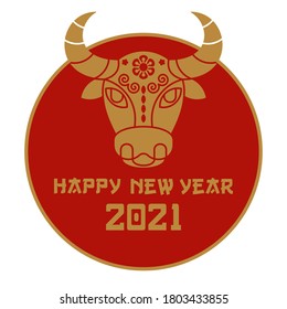 Chinese new year 2021 card with bull and pattern. Ox Zodiac sign, Symbol of 2021 on the Chinese calendar. Lunar horoscope sign. Asian Traditional greeting card. Flat Vector.