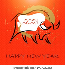 Chinese new year 2021 card. Abstract ox, bull, cow. Lunar horoscope sign. Hand drawn in black paint Bull. Chinese calligraphy, Asian Traditional ink drawing. Greeting card. Vector illustration