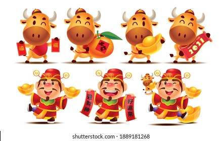 Año nuevo chino 2021. Caricatura lindo personaje de Ox y serie de personajes de Dios de Riqueza con diferentes poses. Traducción: Suerte, fortuna, caishen de bienvenida y buena suerte te vendrá a ti