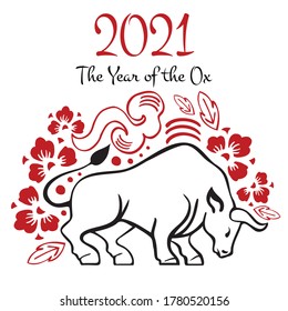 Chinese New Year 2021 composition with title. The Year of the Ox. Vector hand drawn ink sketch illustration with buffalo and decorations