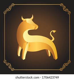 Chinese new year 2021 year of the cow,
red and gold line cow character, simple hand drawn asian elements with craft style on background