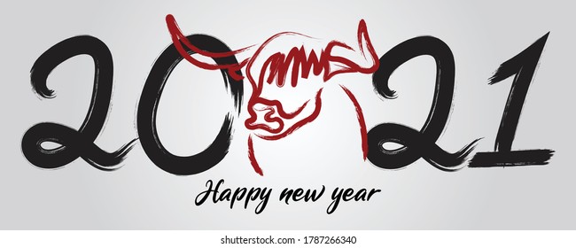 Chinese new year 2021 year of the cow, red and gold line art character, simple hand drawn asian elements with craft style on background. (Chinese translation: Happy chinese new year 2021, year of cow)