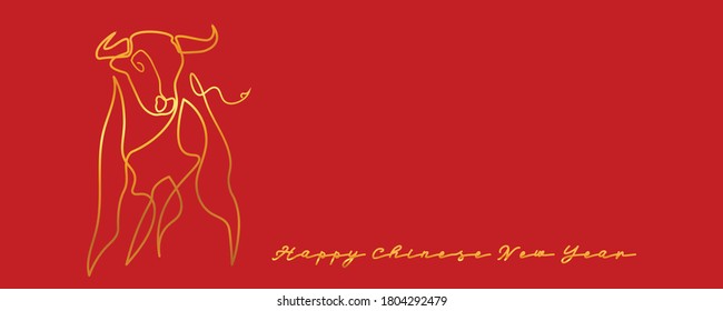 Chinese new year 2021 year of the cow, red and gold line art character, simple hand drawn asian elements with craft style on background. (Chinese translation: Happy chinese new year 2021, year of cow)