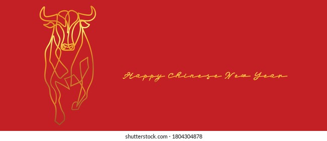 Chinese new year 2021 year of the cow, red and gold line art character, simple hand drawn asian elements with craft style on background. (Chinese translation: Happy chinese new year 2021, year of cow)