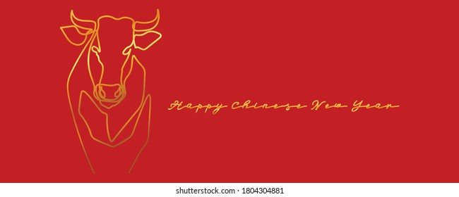 Chinese new year 2021 year of the cow, red and gold line art character, simple hand drawn asian elements with craft style on background. (Chinese translation: Happy chinese new year 2021, year of cow)