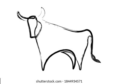Chinese new year 2021 year of the cow, red and gold line art character, simple hand drawn asian elements with craft style on background. (Chinese translation: Happy chinese new year 2021, year of cow)