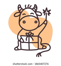 Chinese new year 2021 year of the cow, orange line art character, simple hand drawn asian elements with craft style on white background. (Chinese translation: Happy chinese new year 2021, year of cow)