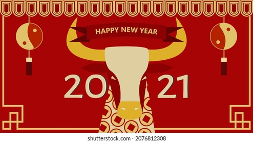 Chinese new year 2021 year of the cow, red and gold