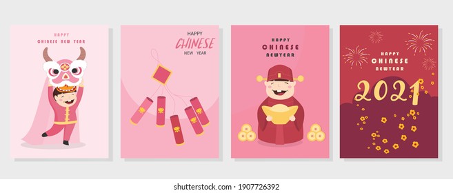 Chinese New Year 2021, the year of the cow,Little asian,cute cards, poster, template, greeting cards, Vector illustrations.