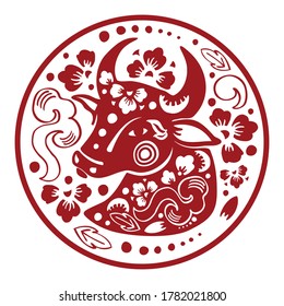 Chinese New Year 2021 design template. The Year of the Ox. Vector ornate papercut silhouette illustration with buffalo head and flowers in circle