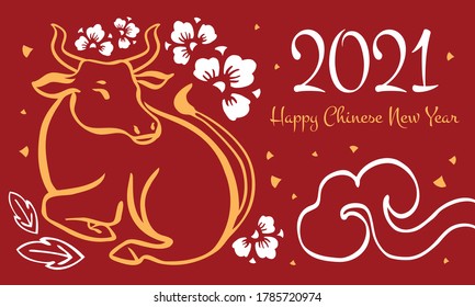 Chinese New Year 2021 design template with wishing. The Year of the Ox. Vector hand drawn ink sketch illustration with buffalo and decorations. Yellow on red background