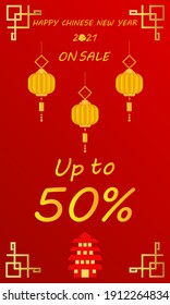 Chinese New Year 2021 discount promotion banner Poster with Asian Lanterns. Vector illustration. 