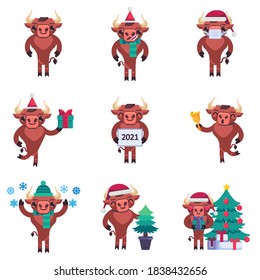 Chinese new year 2021 elements collection, 2021 year of the ox flat icons set, Colorful symbols pack contains - bull with gift box, christmas tree, jingle bell. Vector illustration. Flat style design