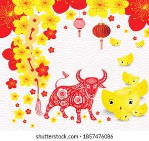 Chinese new year 2021 gold ingots. Cherry blossom and lantern. Year of the Ox