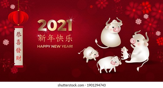 Chinese New Year 2021 in gold. Banner with white oxes. Bull's family, lantern, flowers, red background. For invitations, poster. Characters: Happy New Year, happy and prosperous. Vector illustration.