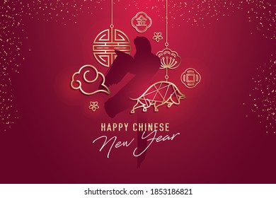 Chinese New Year 2021 Golden Decorative Ornament on Red Background, Translation-Year of Ox