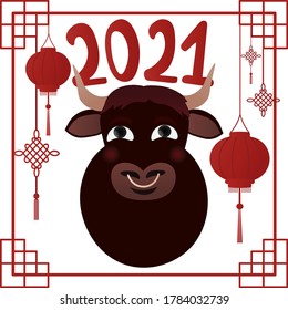 Chinese new year 2021 greeting card, ox symbol, concept for decor element, laterns and knots