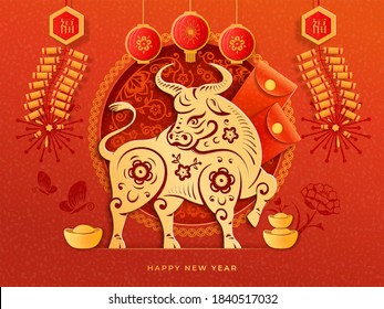 Chinese new Year 2021 greeting card with fortune and good luck text translation. CNY golden ox, lantern and flower, gold ingot, red envelope, cloud paper cut art. Metal ox zodiac sign, spring holiday