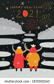 Chinese New Year 2021. Greeting card with cute cartoon romantic bulls. Hand drawn vector illustration.