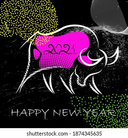 Chinese new year 2021 grunge neon background. Abstract ox, bull, taurus. Lunar horoscope sign. Hand drawn Bull. Chinese calligraphy, Asian Traditional ink drawing. Greeting card. Vector.