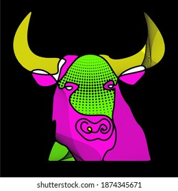 Chinese new year 2021 grunge background. Abstract ox, bull, taurus. Lunar horoscope sign. Hand drawn Bull. Chinese calligraphy, Asian Traditional ink drawing. Greeting card. Vector.