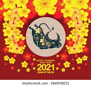 Chinese new year 2021, Happy new year greetings with flower, Year of the OX