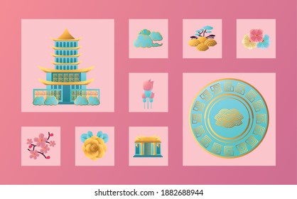 Chinese new year 2021 icon bundle design, China culture and celebration theme Vector illustration