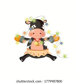 Chinese new year 2021 illustration with ox girl holding garland decorating for christmas tree. Vector illustration.