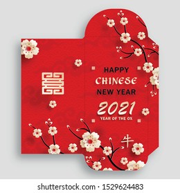 Chinese new year 2021 lucky envelope, money packet with gold paper cut art and craft style with oriental elements on color background (Translation : happy chinese new year 2021, year of the rox)