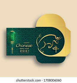 Chinese new year 2021 lucky red envelope  money packet with gold paper cut art and craft style on red color background (Translation : happy chinese new year 2021, year of the Ox)