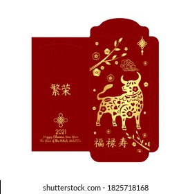 Chinese new year 2021 lucky red envelope money packet with gold on red color background (Translation : prosperity, happy new year) Ready for print