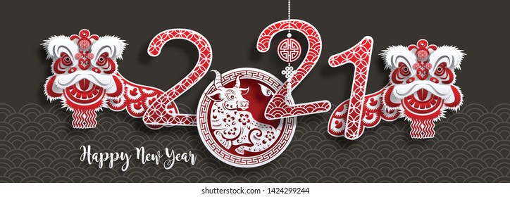 Chinese new year 2021 year of the ox , red and gold paper cut ox character,flower and asian elements with craft style on background. (Chinese translation : Happy chinese new year 2021, year of ox)